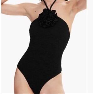 Mango Swim Elegant Black Halter One Piece Textured Swimsuit Black Sz L NEW